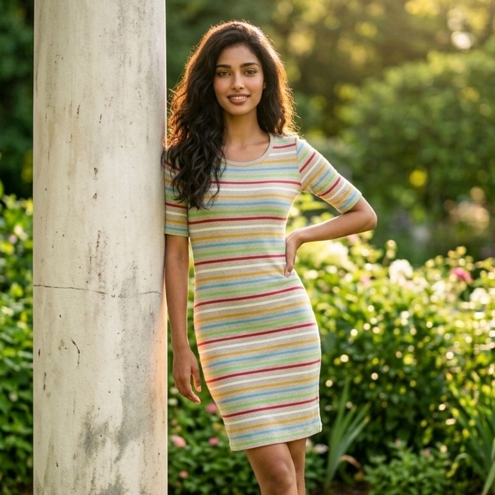 LuLaRoe Julia Dress Knit XXS Tan Striped Midi Knee Length Fitted Comfy Casual